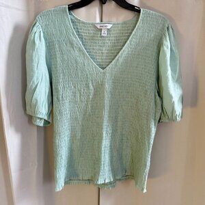 Nine West Women Top Size XL Green Smocked Puff Sleeve Boho Beachy Festival 18000